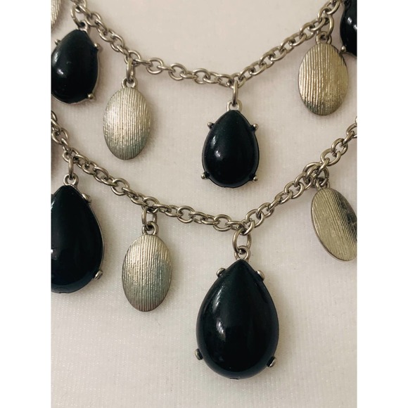 Black Teardrop Silver Oval Statement Bib Two Strand Chain Necklace Adjustable - Picture 4 of 8